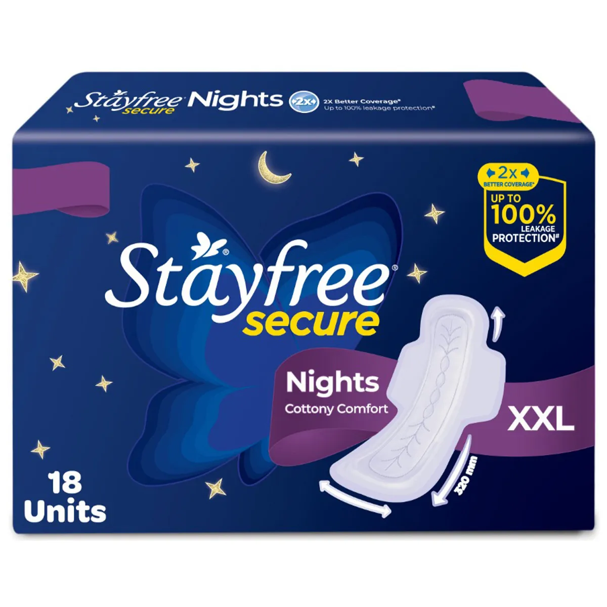 Stayfree Secure Nights Sanitary Pads with Cottony Soft Cover for Comfort - XXL - Pack of 6